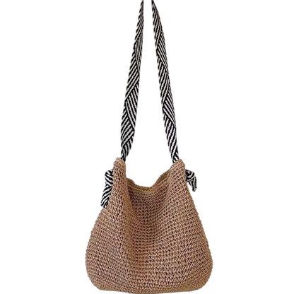 Navy Straw Shoulder Tote Bag – Hand-Woven, Striped-Handle Beach Carryall | noémi