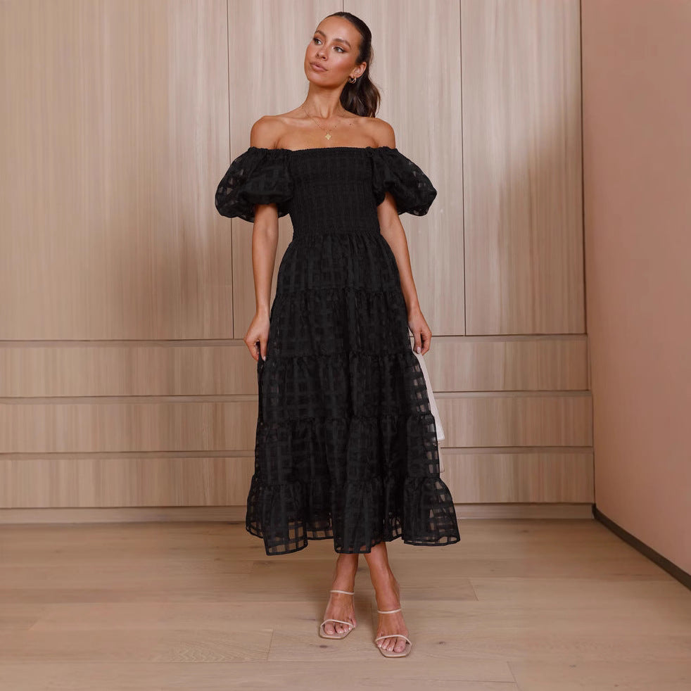 Off Shoulder Ruffle Midi Dress | Layered Mesh, Puff Sleeve | noémi