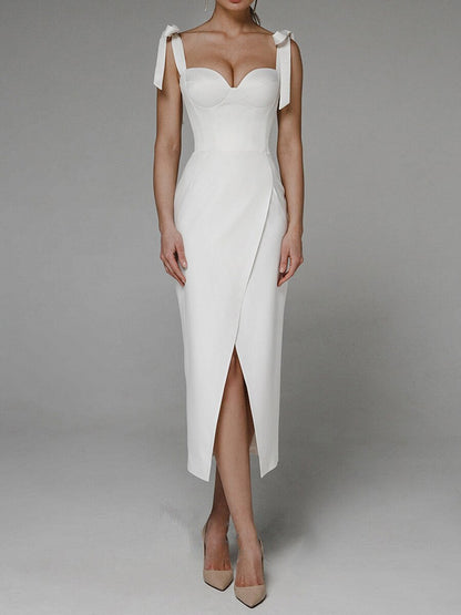 Sheath Dress | V Neck, Bow Tie Straps, Front Slit | noémi