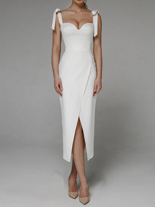 Sheath Dress | V Neck, Bow Tie Straps, Front Slit | noémi