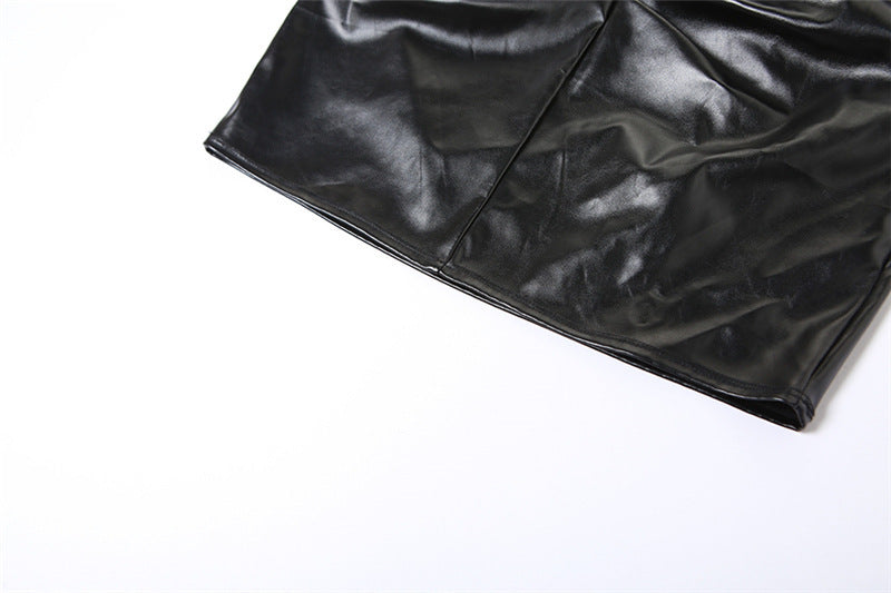 Faux Leather Two Piece Set | Sleeveless Cropped Top Pleated Skirt | noémi