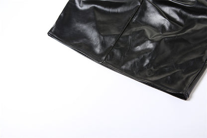 Faux Leather Two Piece Set | Sleeveless Cropped Top Pleated Skirt | noémi