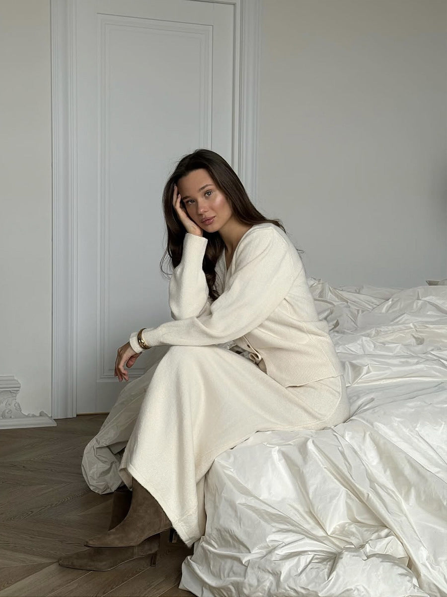 Two Piece Knit Skirt Set | Cozy Button Cardigan & Straight Skirt | noémi