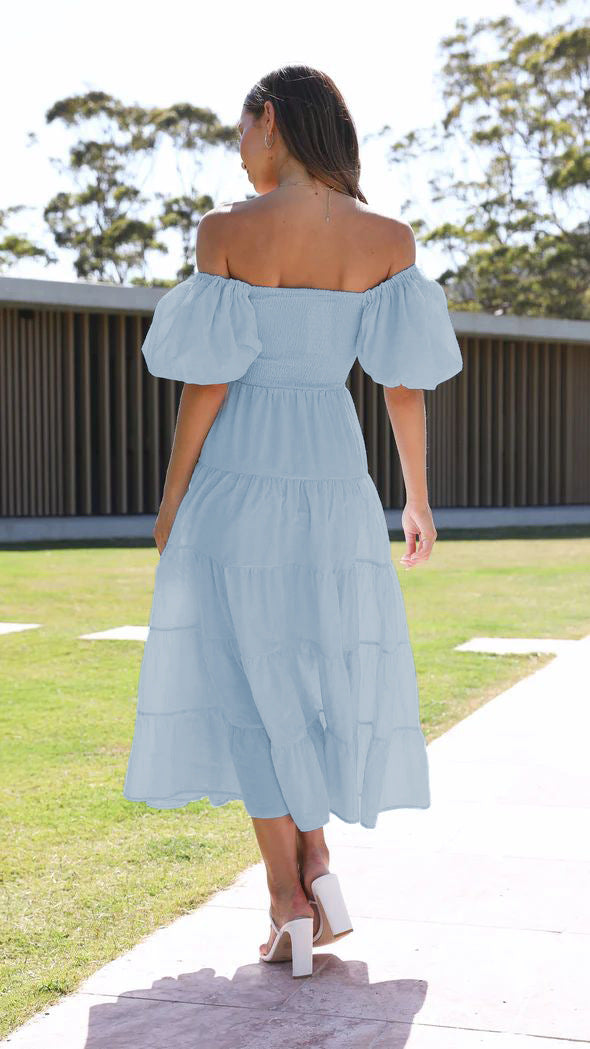 Slim Fit Backless Swing Dress | Off Neck Printed Dress | noémi