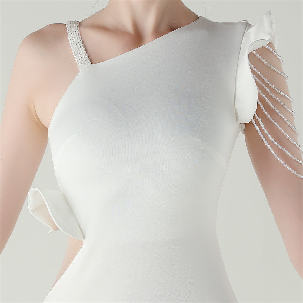 Satin One Shoulder Beaded Fishtail Gown | Cut Out Ruffled Hem Slim Fit | noémi