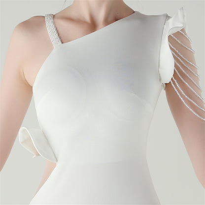 Satin One Shoulder Beaded Fishtail Gown | Cut Out Ruffled Hem Slim Fit | noémi