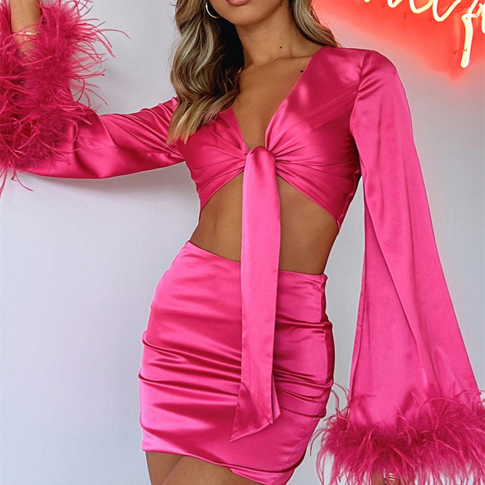 Satin Feather V Neck Lace Up Crop Top High Slit Hip Skirt Set | noémi
