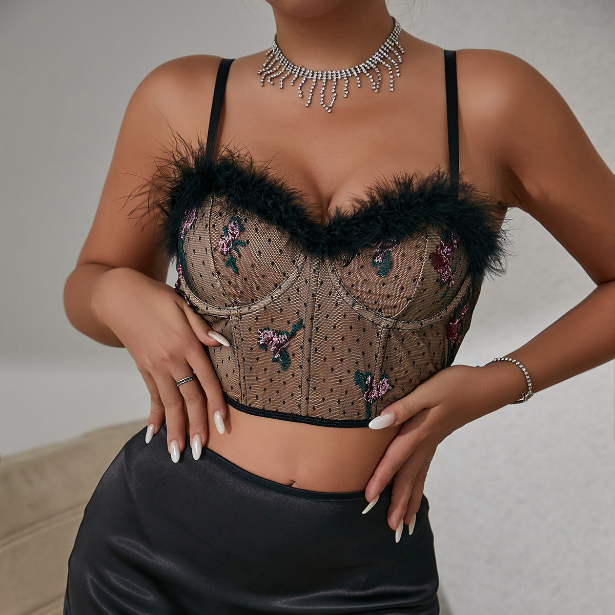 Womens Sheer Mesh Feather Bustier Top | Black Lace Up Crop Top with Embroidery & Faux Fur Trim | noémi