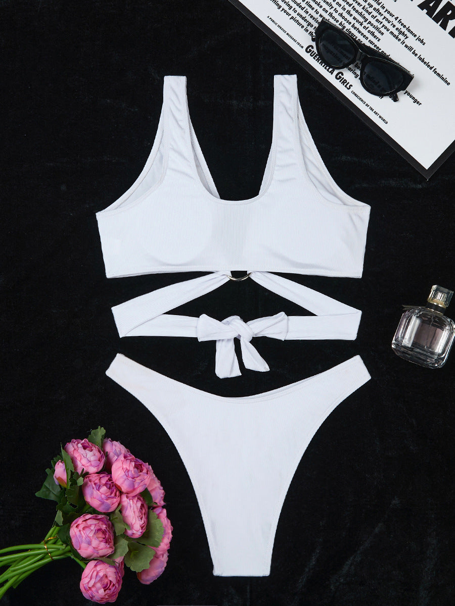 Ring Detail Three Point Bikini Set with Sunken Stripe Texture for Women | noémi