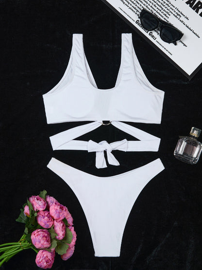 Ring Detail Three Point Bikini Set with Sunken Stripe Texture for Women | noémi