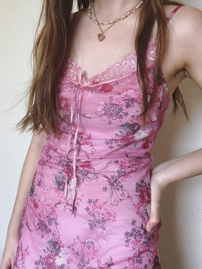 Lace Patchwork Dress | Retro VNeck Sling Dress | Irregular Hem | Floral Print Mini Dress | noémi