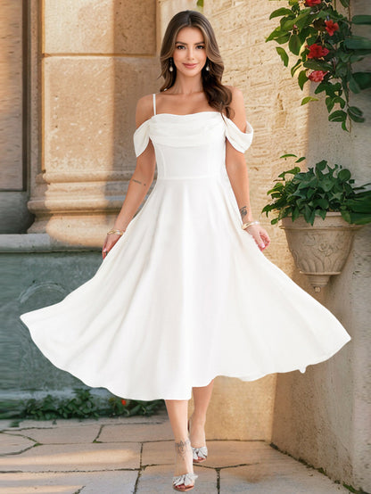 Womens Off Shoulder Pleated A Line Midi Dress | Cocktail Gown | noémi