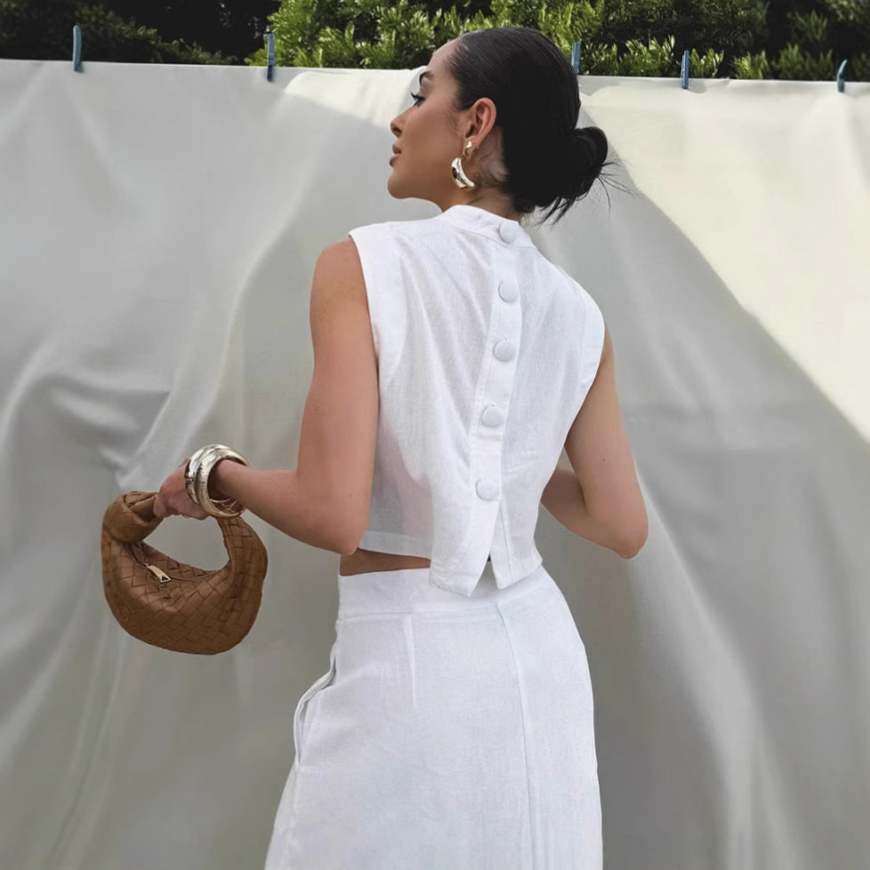 White Cotton Linen TwoPiece Set | Sleeveless Stand Collar Top & Long Slit Skirt | noémi