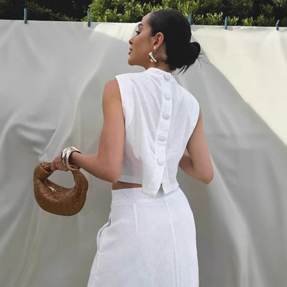 White Cotton Linen TwoPiece Set | Sleeveless Stand Collar Top & Long Slit Skirt | noémi