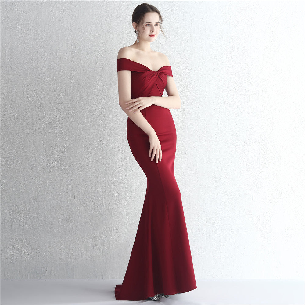 Satin Slim Off Shoulder Fishtail Gown | noémi