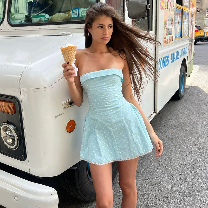 Strapless Polka Dot Mini Dress | Light Blue Summer Tube Top Dress Skater Fit | noémi