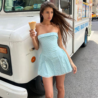 Strapless Polka Dot Mini Dress | Light Blue Summer Tube Top Dress Skater Fit | noémi