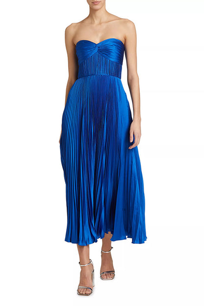 Pleated Satin Maxi Dress | Strapless Wrapped Chest | noémi