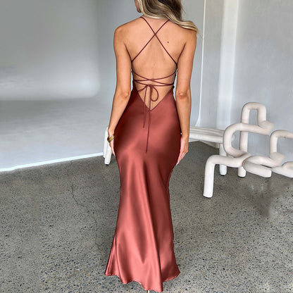 Satin Strap Maxi Dress | Backless Lace Up Waist | noémi