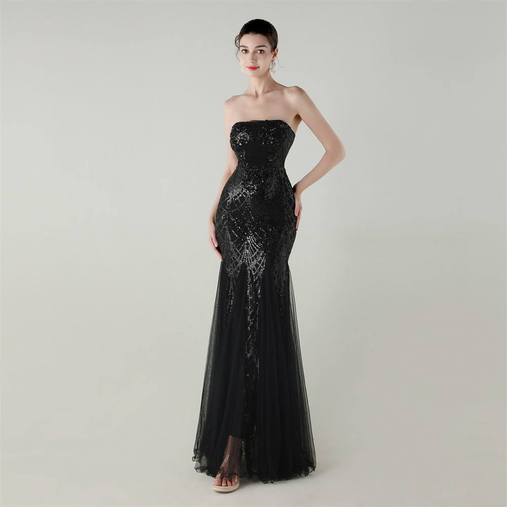 Strapless Beaded Sequin Mesh Dress | Cross Strap Floral Cocktail | noémi