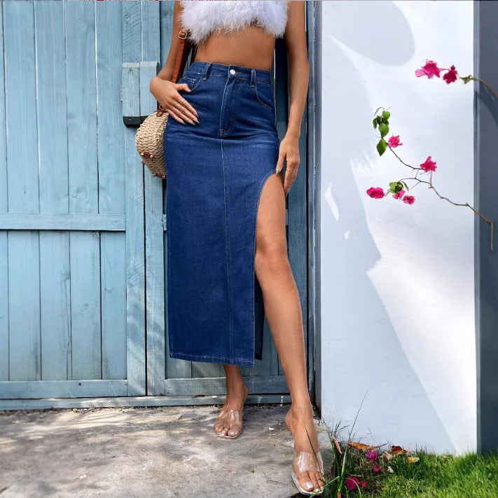 High Slit Denim Midi Skirt | Sultry Side Split | noémi