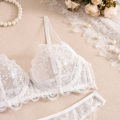 Womens Mesh Embroidered Lace Two Piece Lingerie Set with Waist Garter | noémi