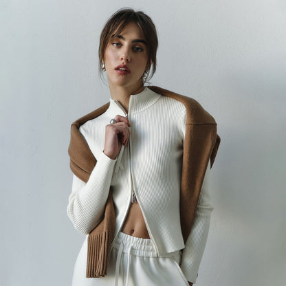 Womens Slim Fit Ribbed Knit Zipper Cardigan | Stand Collar | noémi