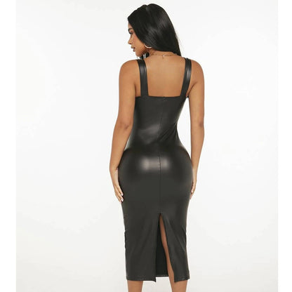 Womens Faux Leather Square Neck Sling Dress | Mid Length Slim Fit with Hip Split | noémi