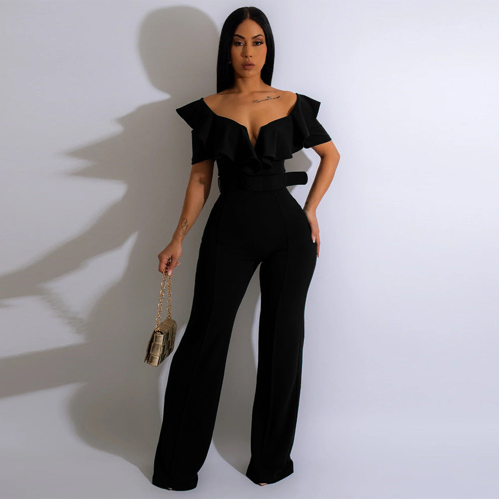 Women's V Neck Ruffle Flounce Jumpsuit | Waist Defining One Piece Outfit | noémi