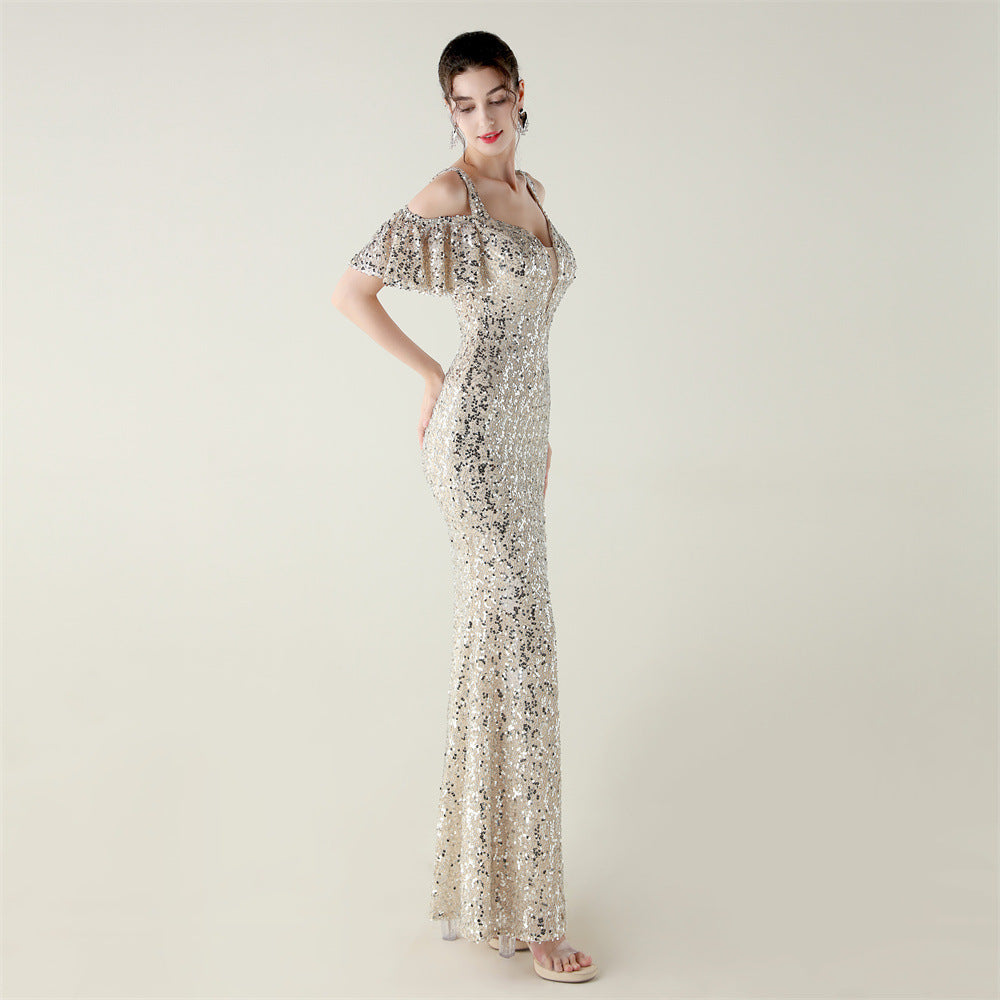 Sequin Dress | Floor Length Cold Shoulder Dress with Side Slit | Deep VPlunge High Slit Fishtail Dress Cocktail | noémi
