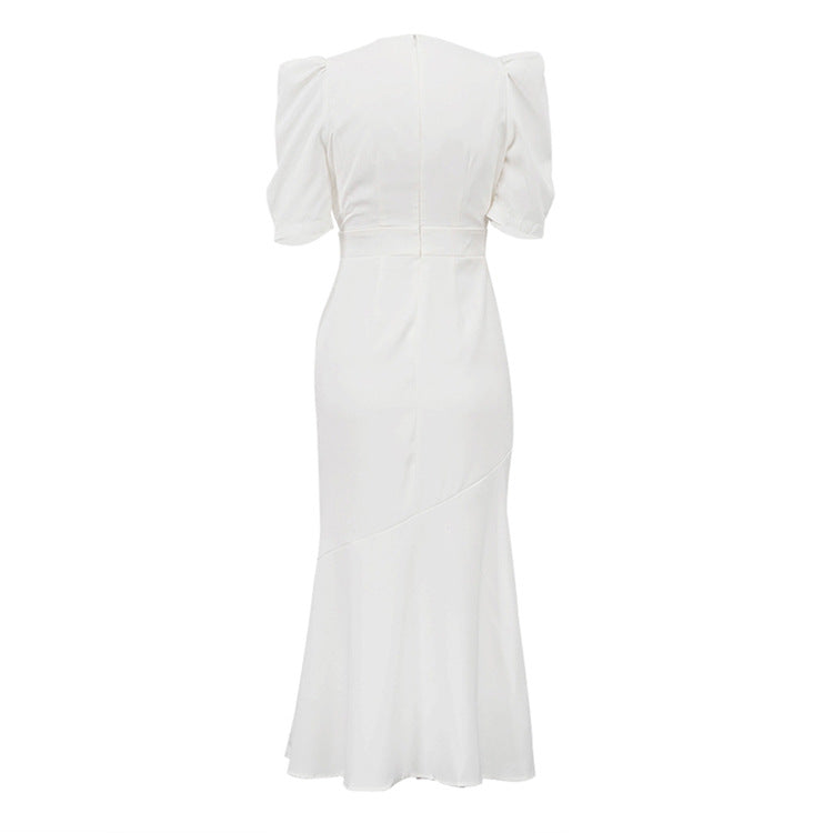 Puff Sleeve Midi Dress | White Fit & Flare with VNeck | noémi