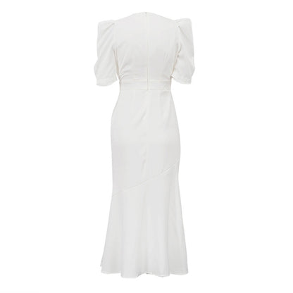 Puff Sleeve Midi Dress | White Fit & Flare with VNeck | noémi