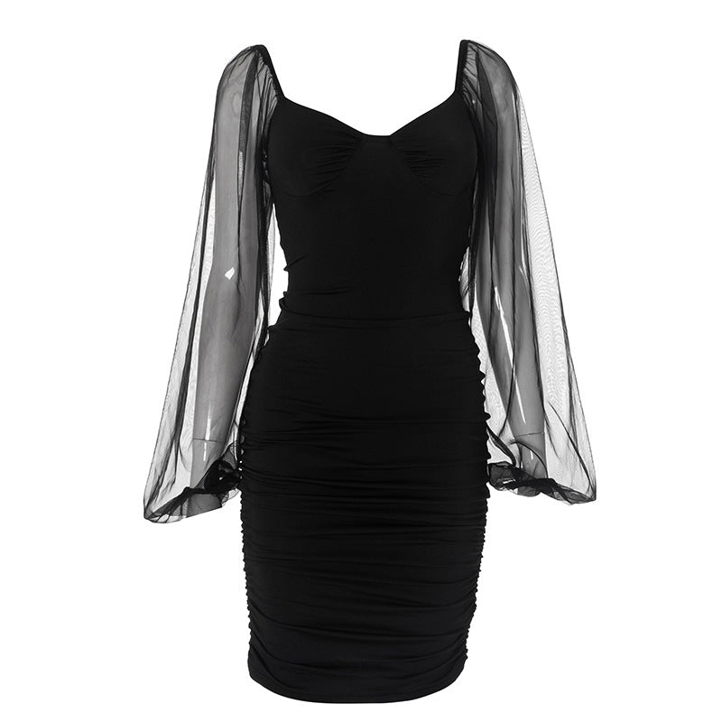 Mesh Puff Sleeve Pleated Bodycon Dress with Panel Stitching | noémi