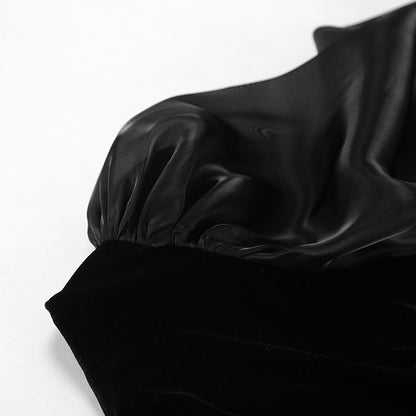 Black Square Neck Puff Sleeve Velvet Knit Dress | noémi