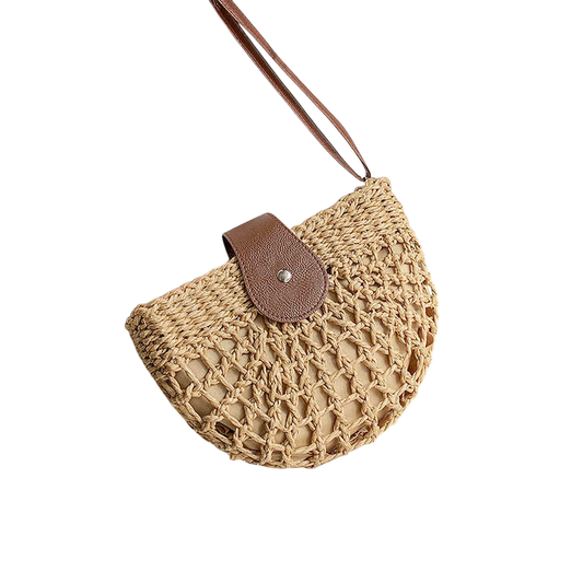 Straw Half-Moon Crossbody Bag – Hollow-Out Woven, Brown | noémi