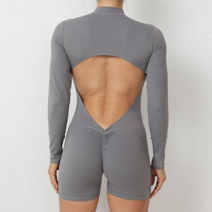 Women’s Cutout Back Yoga Jumpsuit | Long Sleeve, Zipper Front, Peach Hip, One Piece for Workout & Fitness | noémi