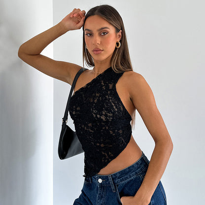 Lace Crop Top | One Shoulder Black Sheer Wrap Tank | noémi