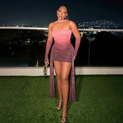 Mesh Sleeve Bodycon Dress | Bandeau Halter Finger Fit Design with Ribbon Detail | noémi