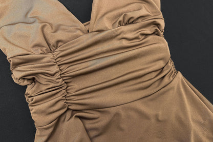 Deep V Halter Dress with Lace Up Back | Pleated Hem Design | noémi