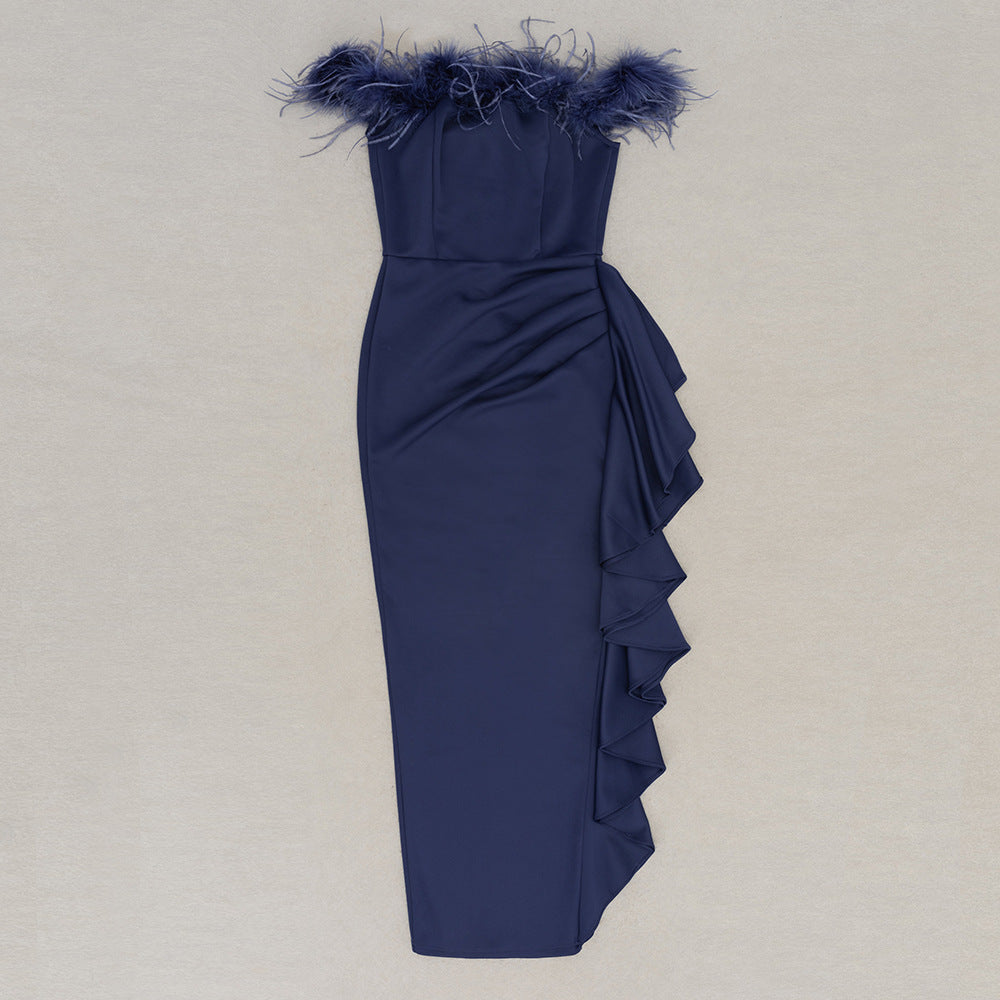 Womens Off Shoulder Ruffled Maxi Dress | Slim Fit, Feather Trim Detail | noémi