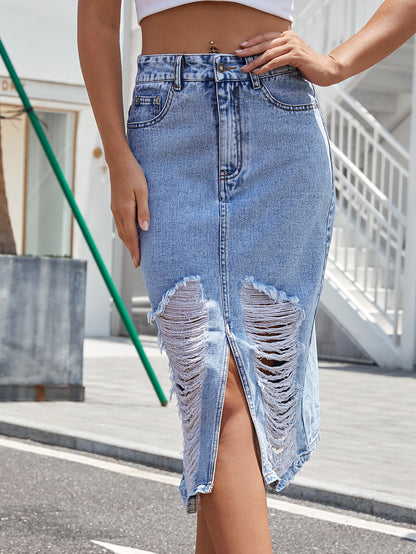 Retro High Waist Tattered Denim Skirt | noémi