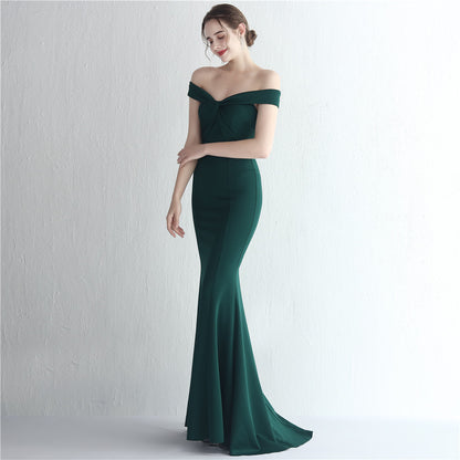 Satin Slim Off Shoulder Fishtail Gown | noémi
