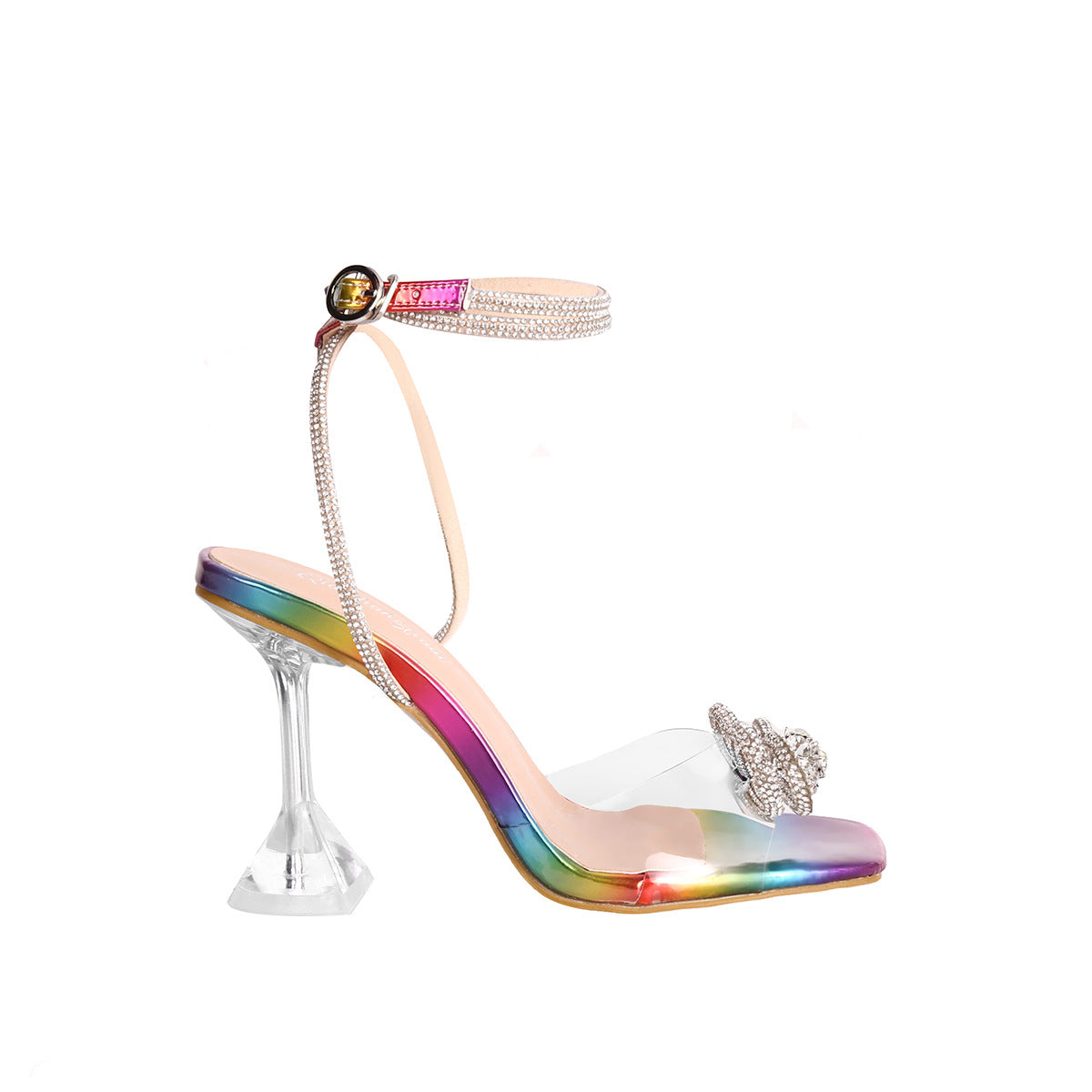Rhinestone Bow Heeled Sandals | Clear Strap, Square Toe, Plus Sizes, Catwalk Style | noémi