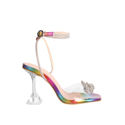 Rhinestone Bow Heeled Sandals | Clear Strap, Square Toe, Plus Sizes, Catwalk Style | noémi