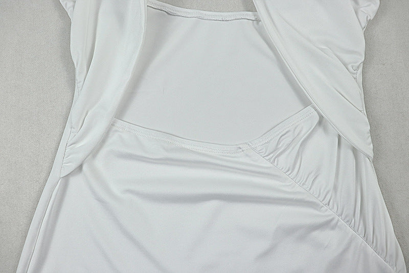 Womens Backless Cross Halter Midi Dress with Side Slit Pleated Detail | noémi