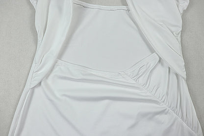 Womens Backless Cross Halter Midi Dress with Side Slit Pleated Detail | noémi