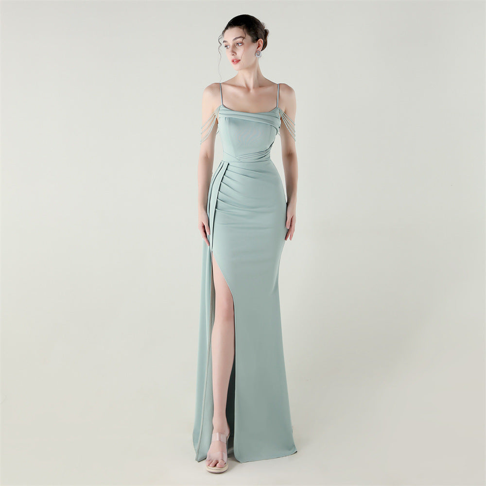 Satin Beaded Fishtail Dress | Spaghetti Straps, Thigh Slit | noémi