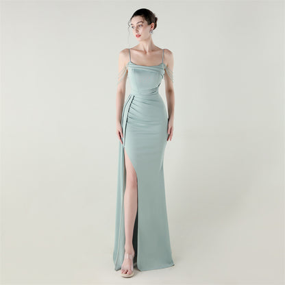Satin Beaded Fishtail Dress | Spaghetti Straps, Thigh Slit | noémi
