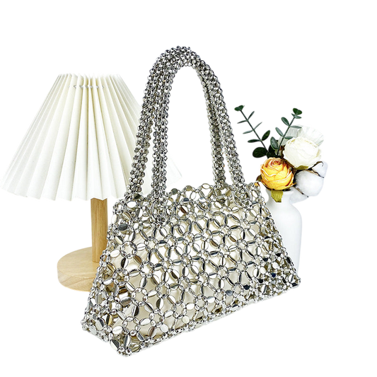 Gold Pearl Beaded Woven Underarm Tote – Handcrafted Hollow Design | noémi