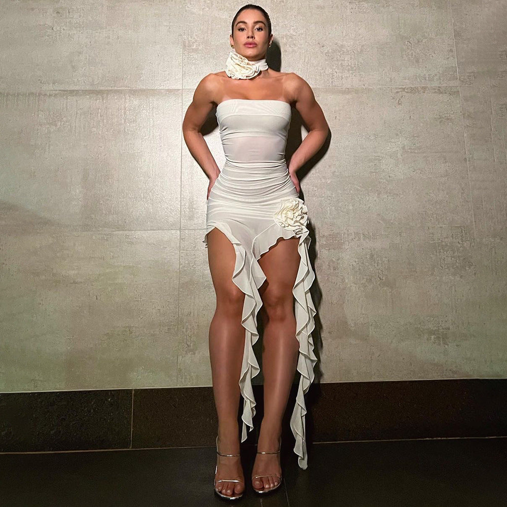 White Floral Ribbon Strapless Net Yarn Dress with Blue Chiffon Overlay | noémi